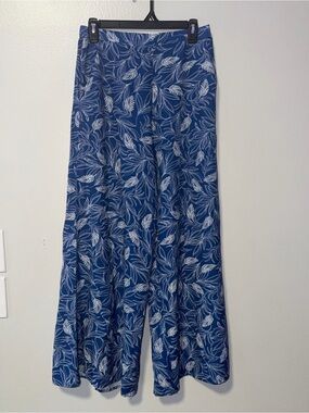 Blue Leaf-Print Wide Leg Pants